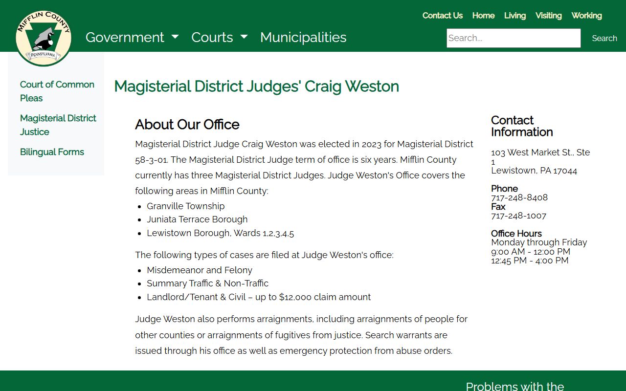 Mifflin County arrest records and court charges MDJ Craig Weston office
