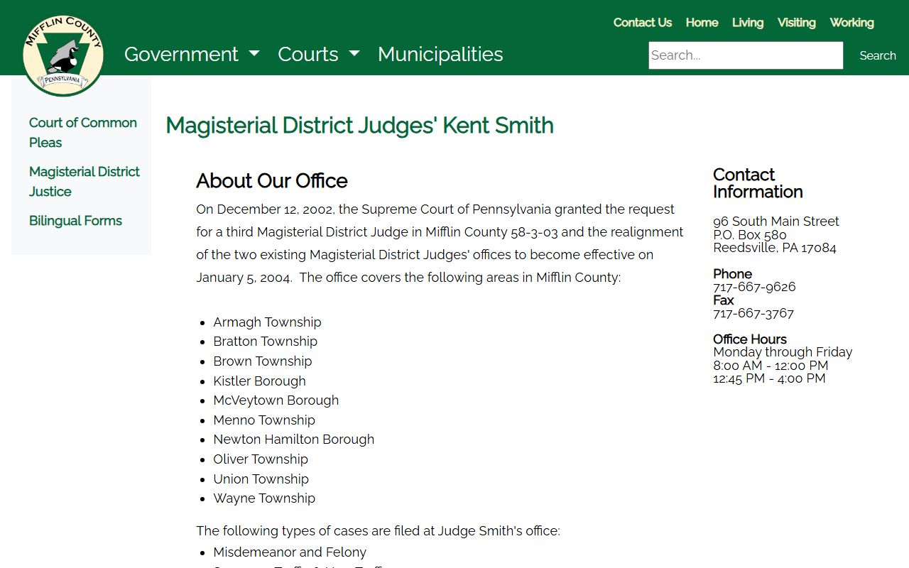 Mifflin County arrest records and court charges MDJ Kent Smith office