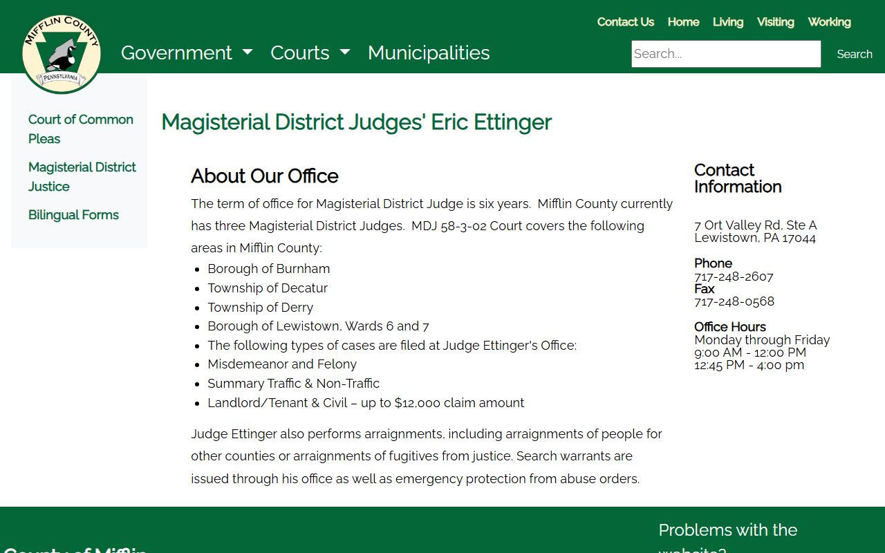 Mifflin County arrest records and court charges MDJ Eric Ettinger office