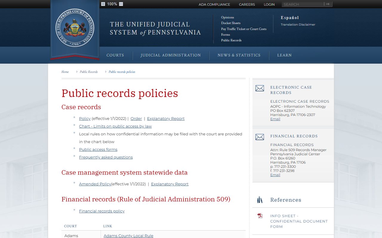 Mifflin County court dockets Pennsylvania public records policies