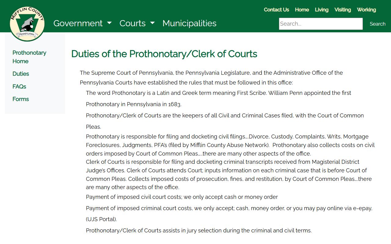 Mifflin County court records civil and criminal clerk duties