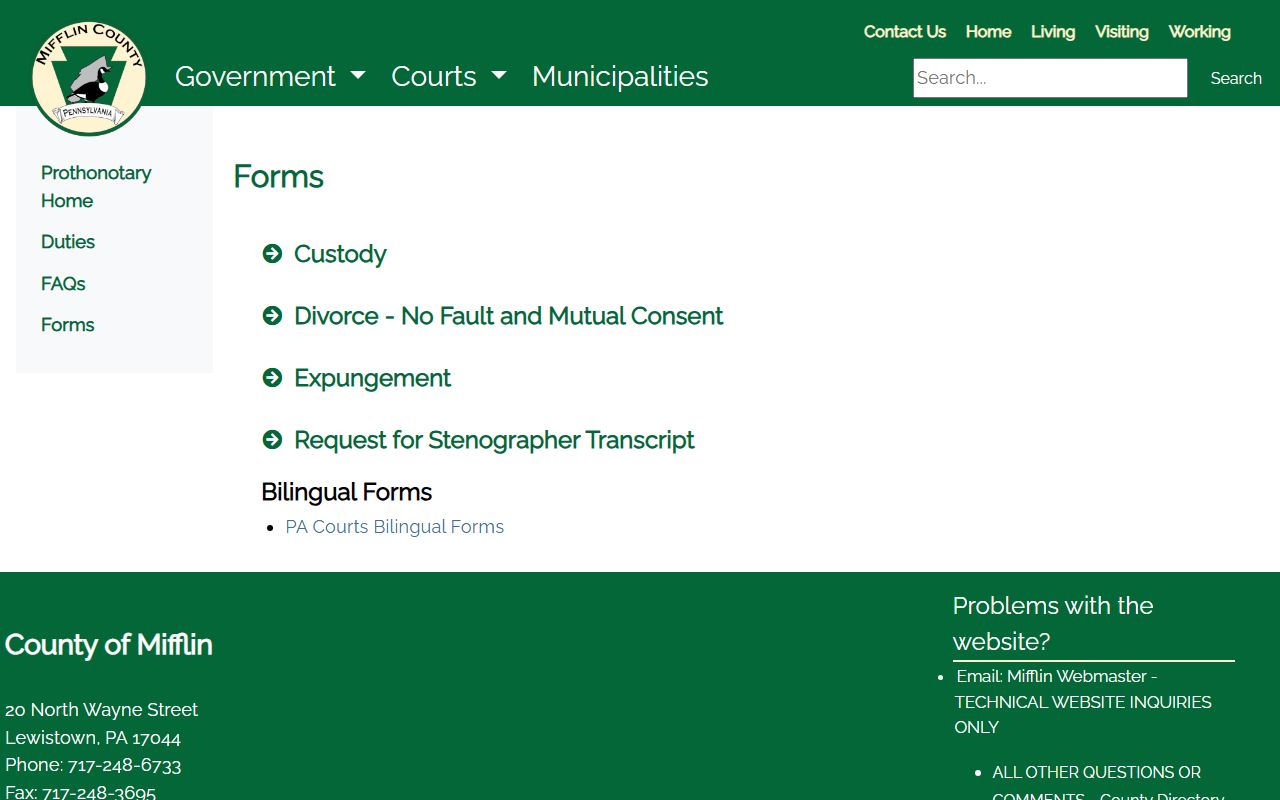 Mifflin County court records forms for civil family and expungement filings