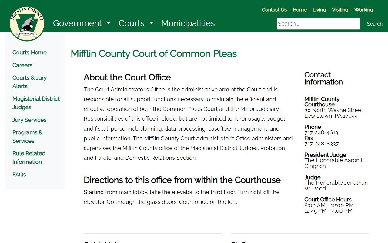 Mifflin County court records Court of Common Pleas page