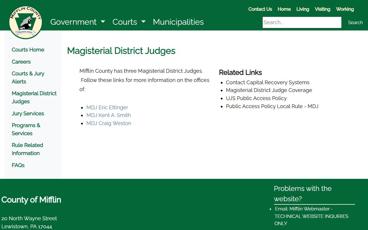 Mifflin County docket records Magisterial District Judge list