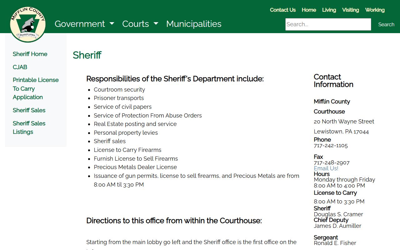 Mifflin County warrant records Sheriff office page