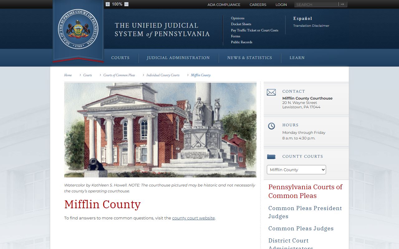 Mifflin County court records Pennsylvania UJS county court page