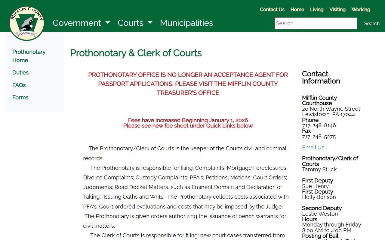 Mifflin County civil court records Prothonotary page
