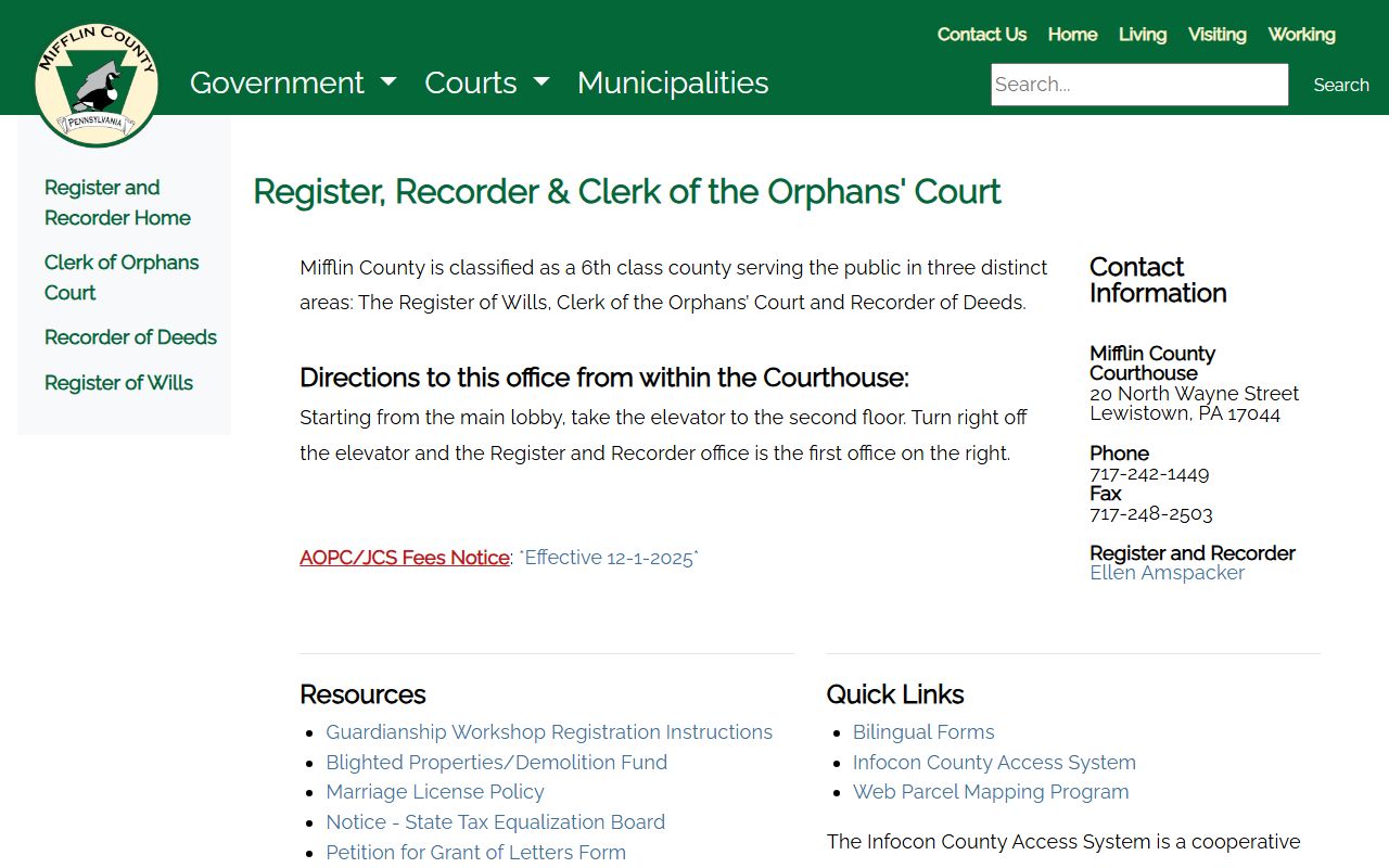 Mifflin County Orphans' Court records Register Recorder page