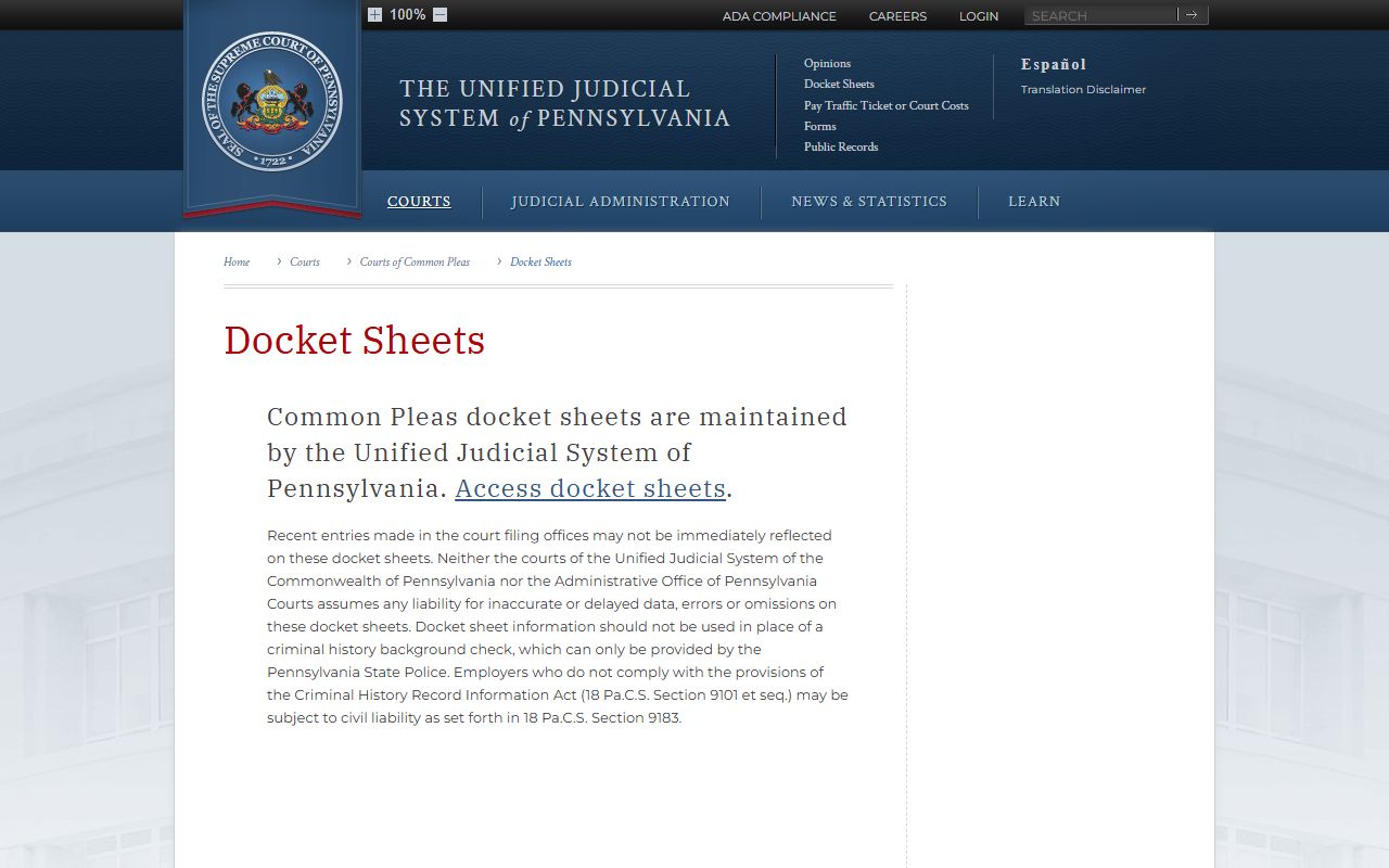 Mifflin County case docket records UJS docket sheet page