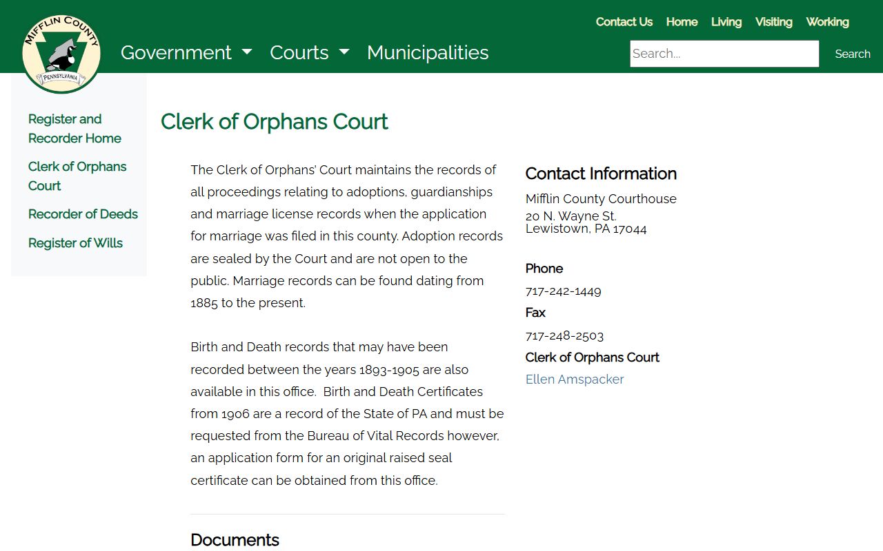 Mifflin County marriage records at the Clerk of Orphans' Court