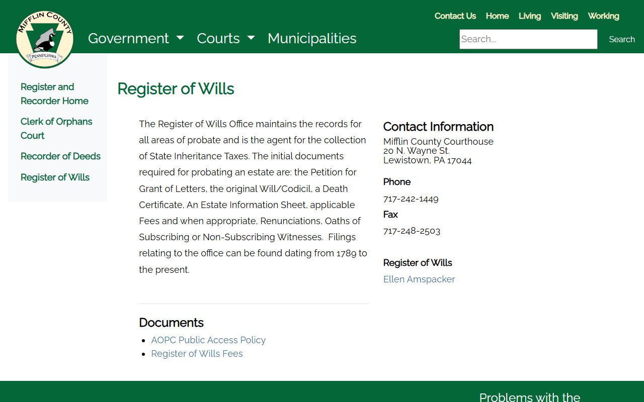Mifflin County probate records Register of Wills office
