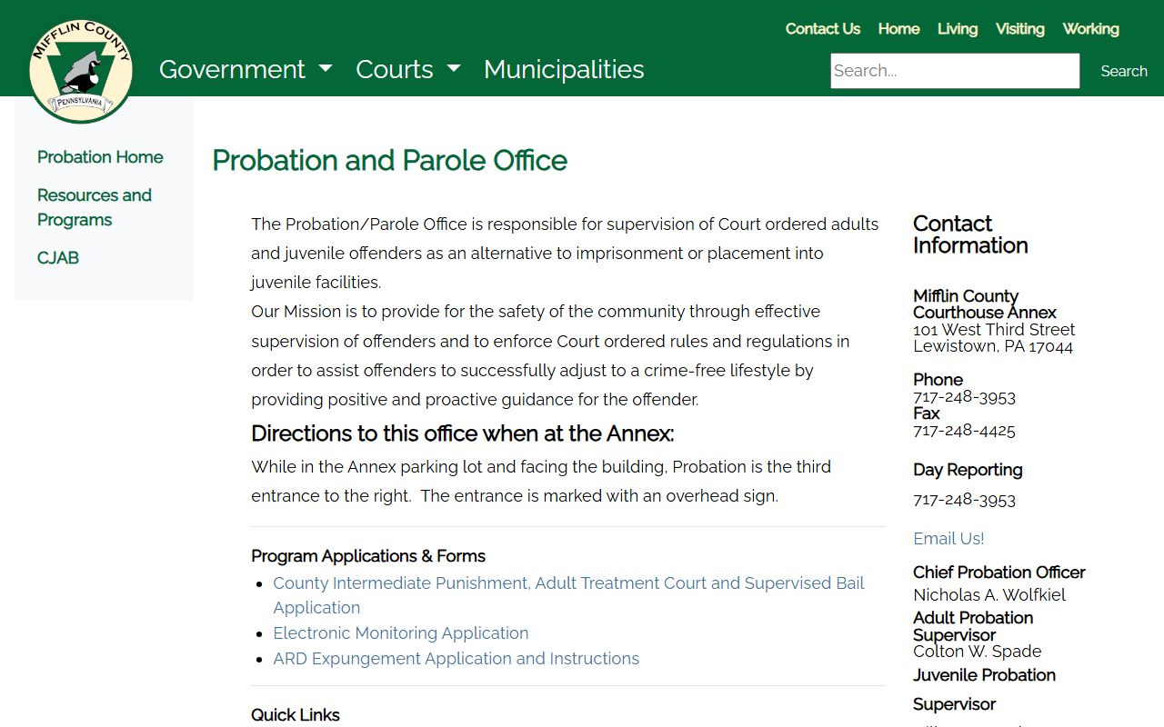 Mifflin County warrant records Probation and Parole related court supervision source